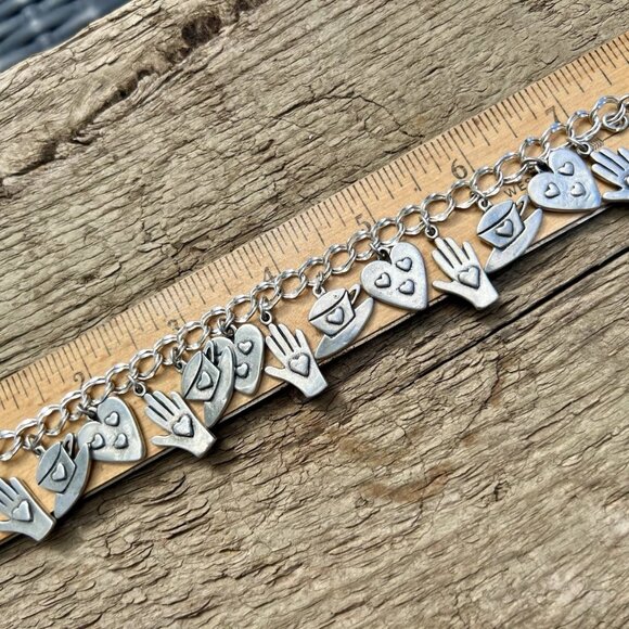Sundance $538 NEW 7.5” Heart Hand Hat Silver Double Link Charm Handmade Bracelet - Picture 13 of 15